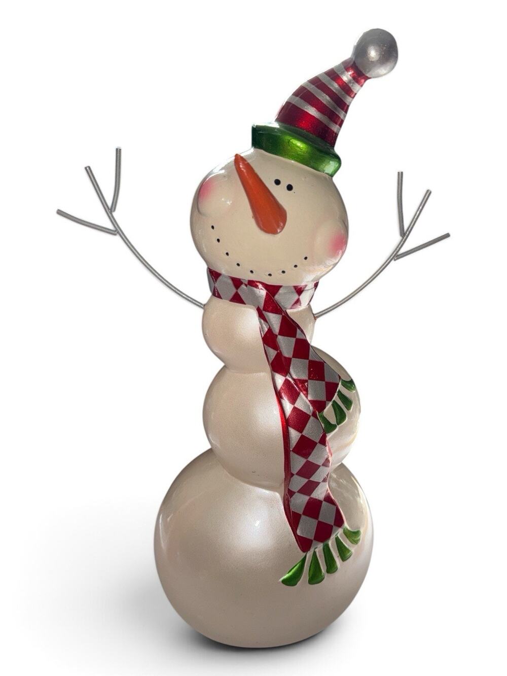 Vtg Pier 1 Enameled Ceramic Snowman Opalescent 15” Tabletop Decor Whimsical